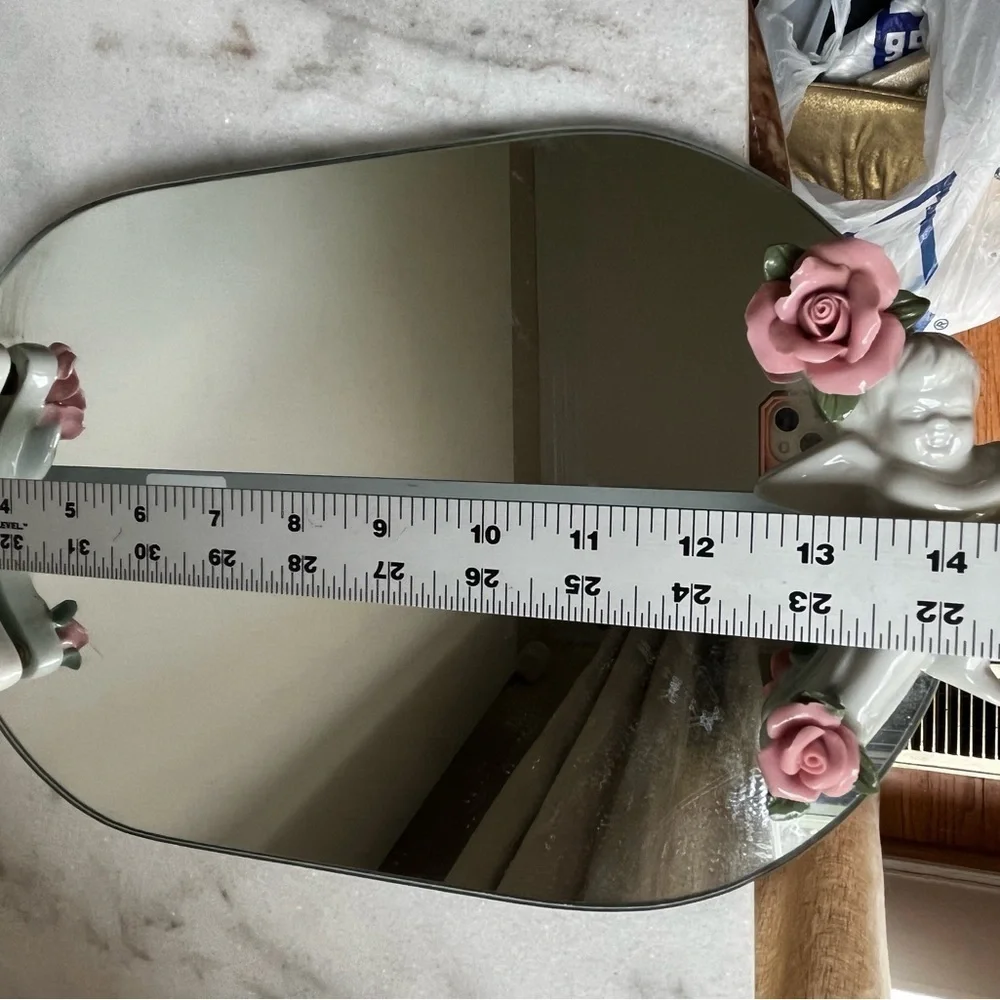 Decorative Mirror vanity tray with Pink Floral and cherubs Accents